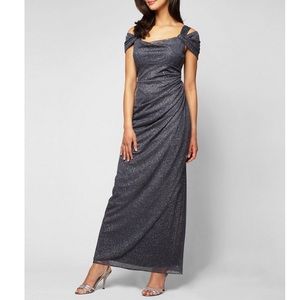Alex Evenings Glitter Mesh Cold-Shoulder Gown